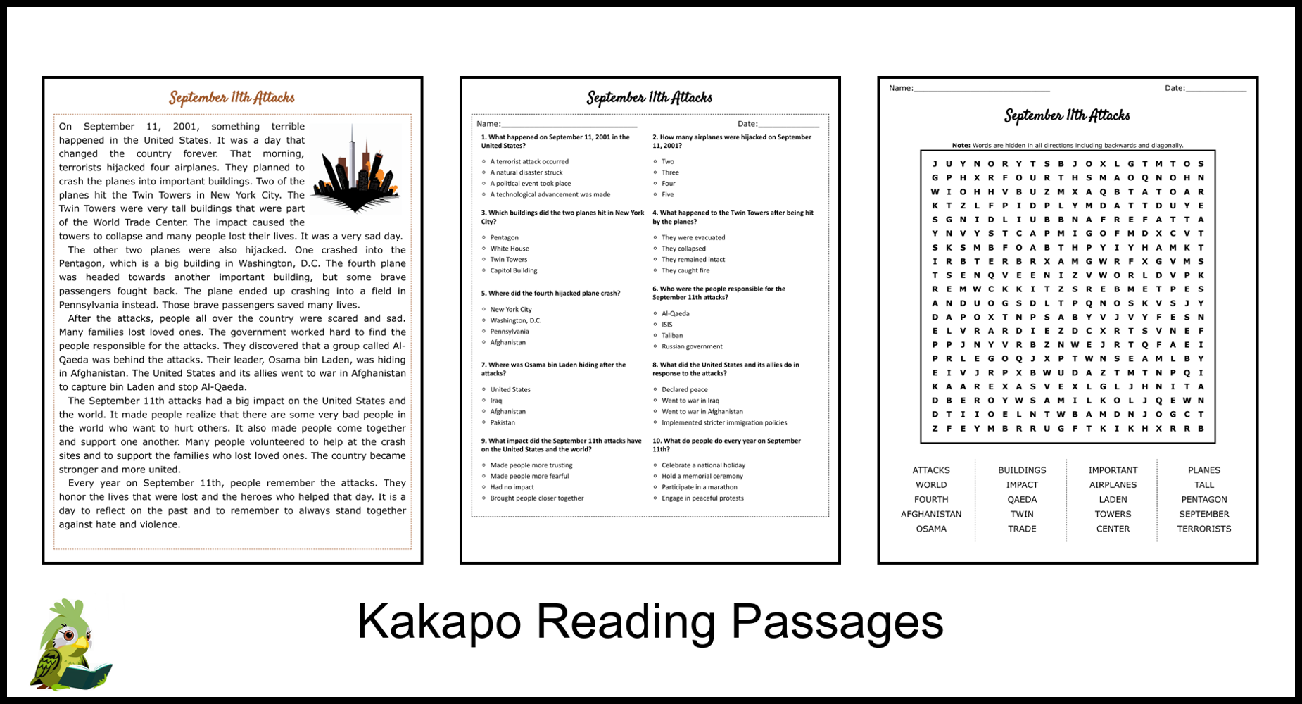 September 11th Attacks Reading Comprehension And Word Search Teaching Resources