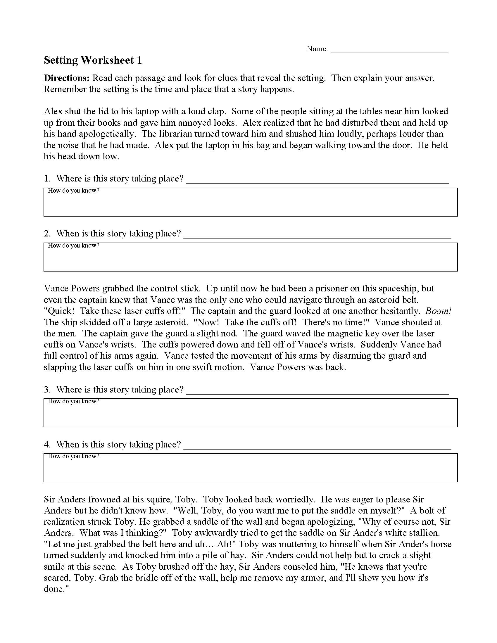 Setting Worksheets Ereading Worksheets