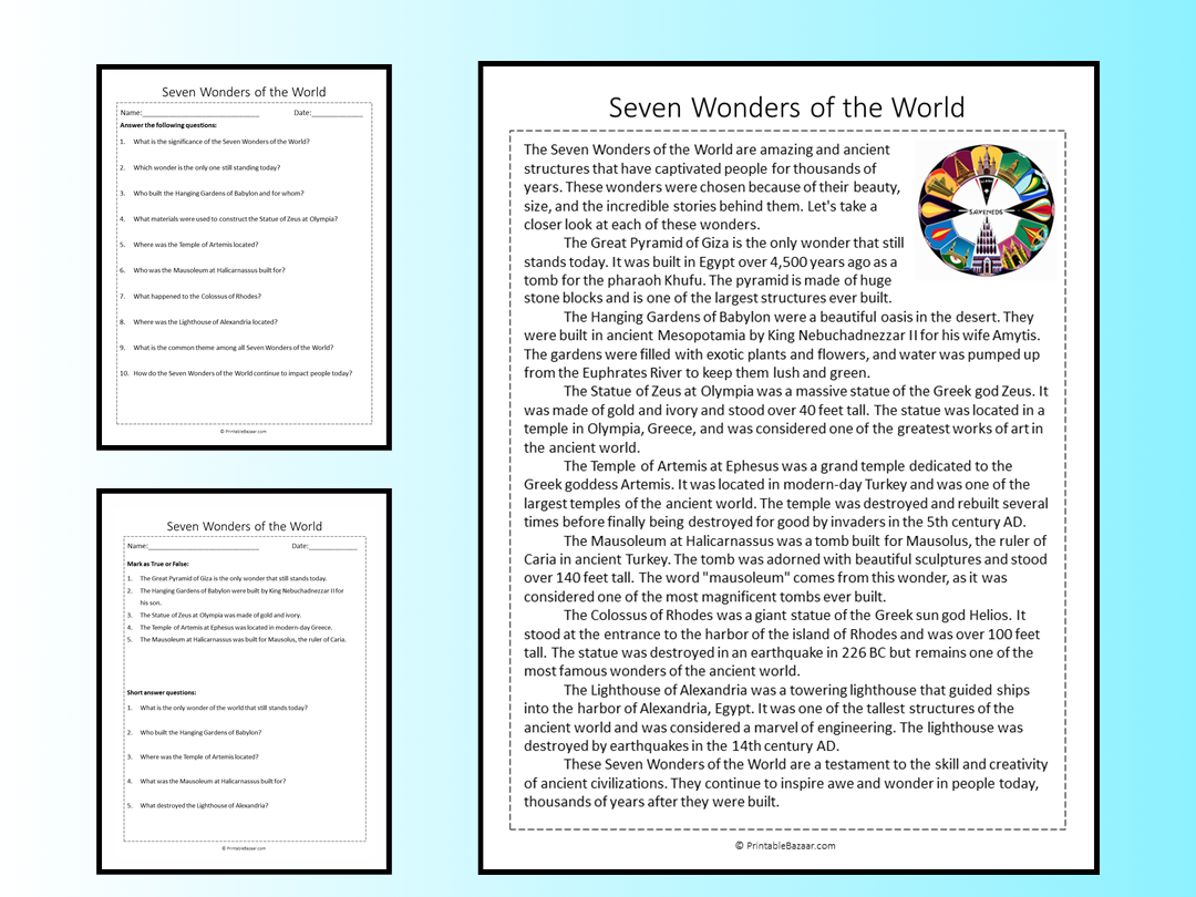 Seven Wonders Of The World Reading Comprehension Passage Printable Worksheet Teaching Resources