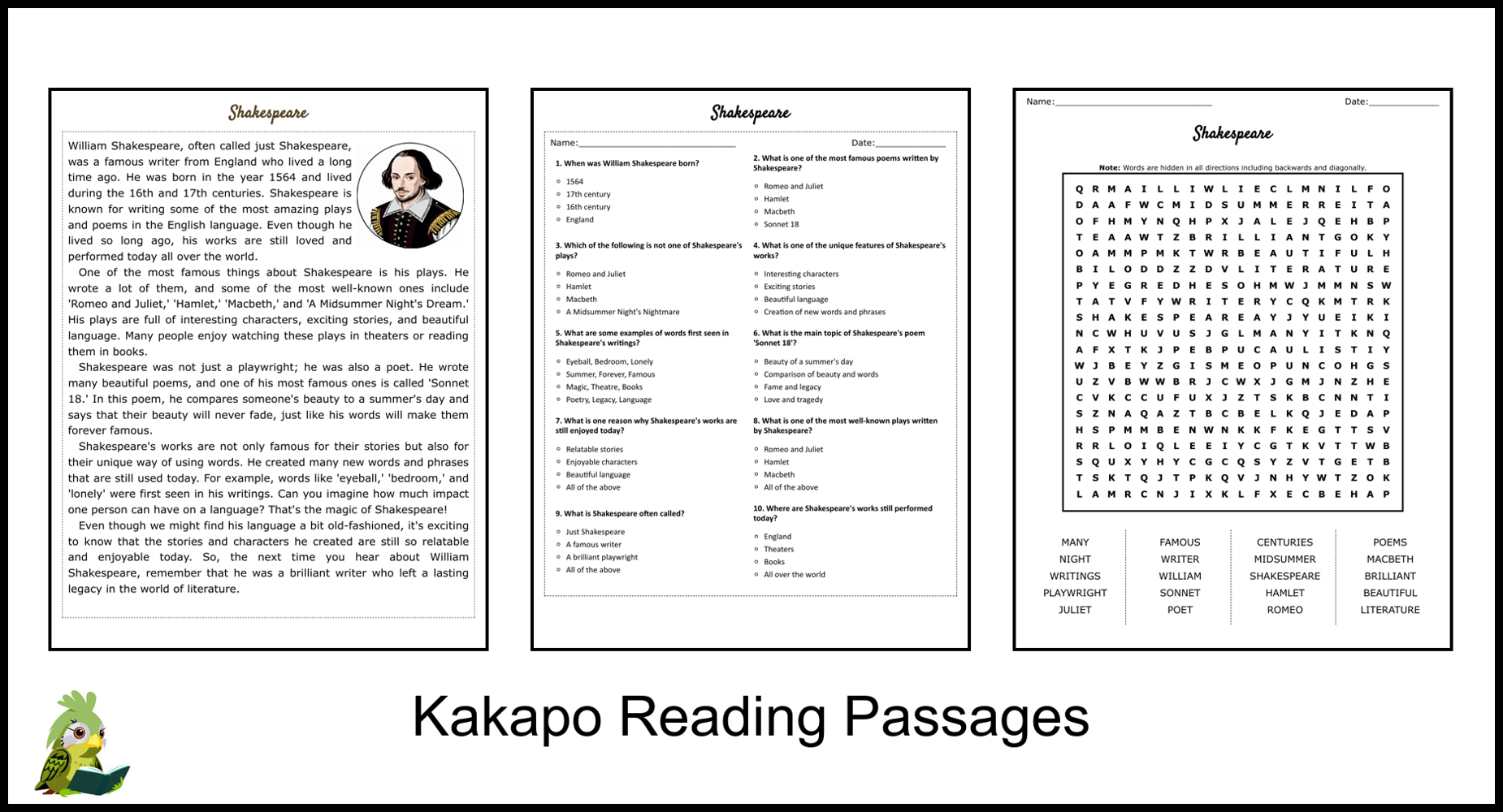 Shakespeare Reading Comprehension And Word Search Teaching Resources