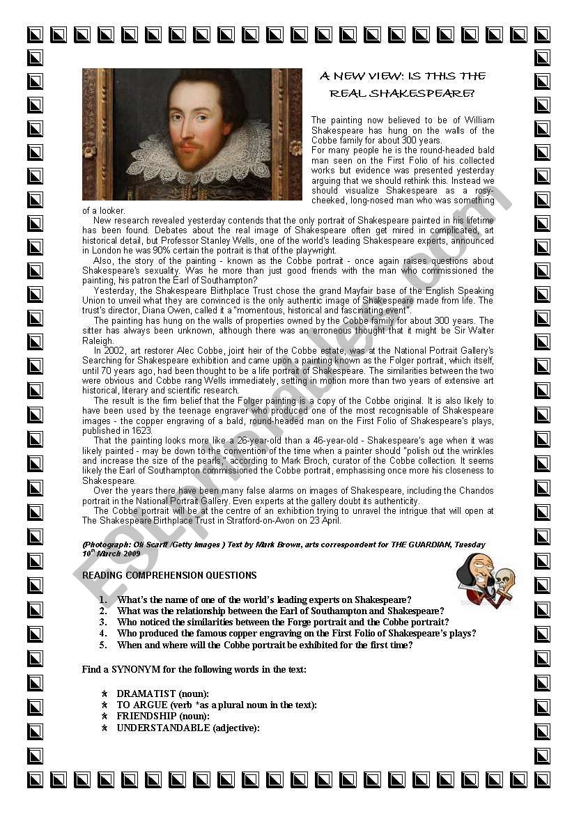 SHAKESPEARE S PORTRAIT READING COMPREHENSION WITH ANSWERS ESL 