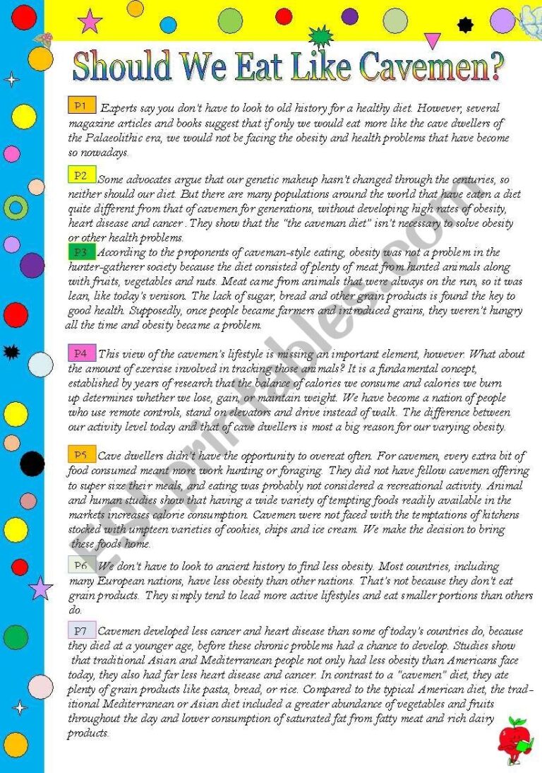 Should We Eat Like Cavemen A Complete Project With Many Tasks And An Answer Key Five