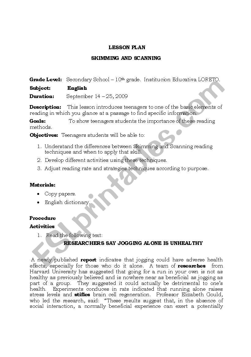 SKIMMING AND SCANNING ESL Worksheet By Natysalda
