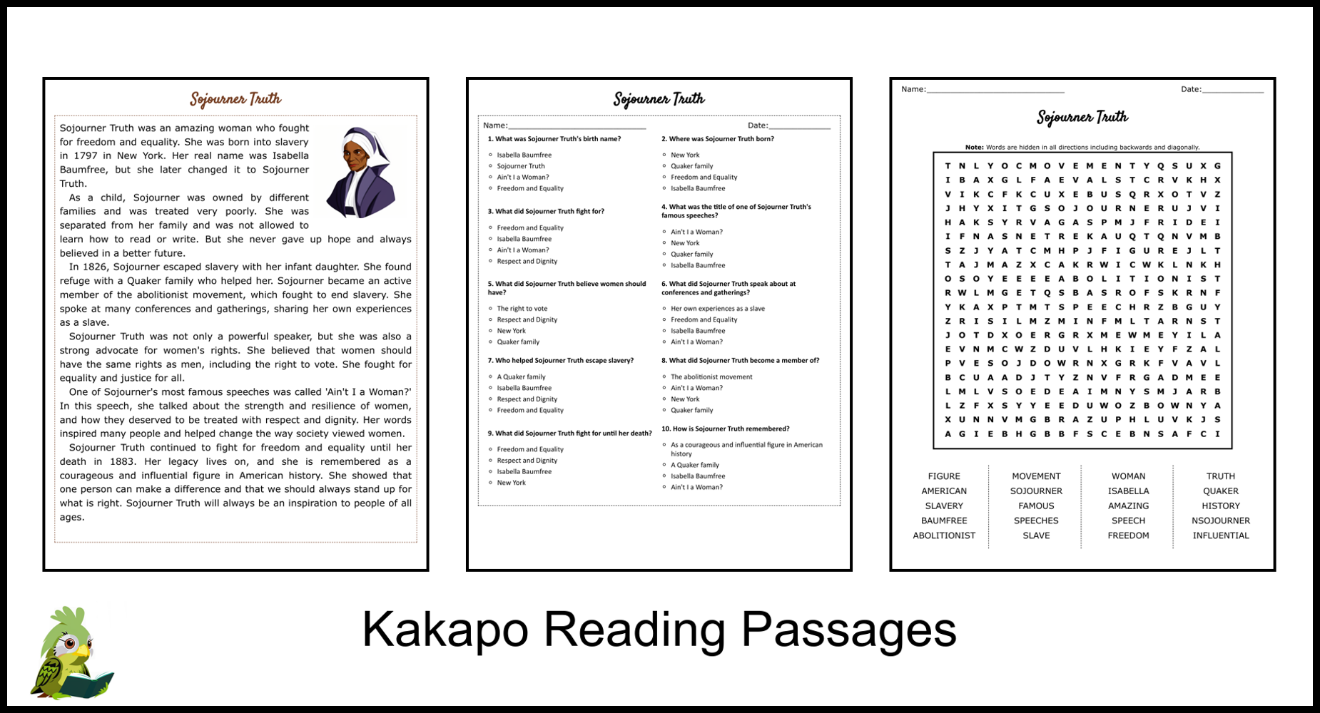 Sojourner Truth Reading Comprehension And Word Search Teaching 