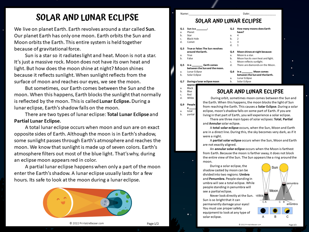 Solar And Lunar Eclipse Reading Comprehension Passage And Questions PDF Teaching Resources