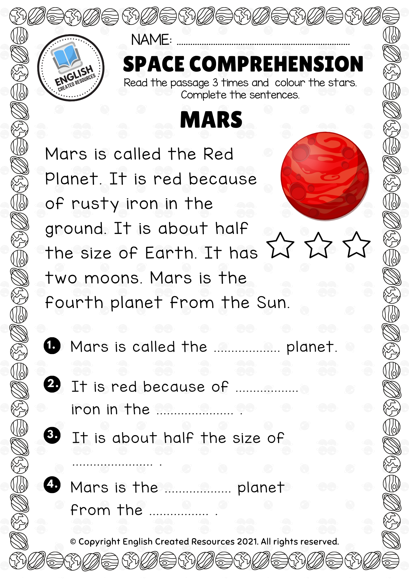 Space Rover Reading Comprehension Worksheet