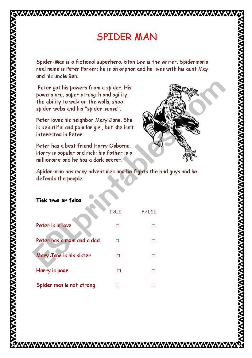 SPIDERMAN READING ESL Worksheet By Tefyamashiro