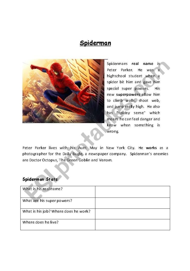 Spiderman Reading Worksheet ESL Worksheet By Dessab