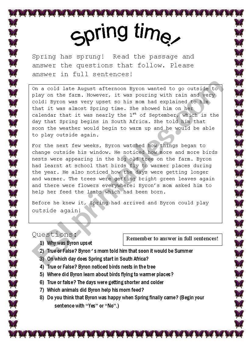 Spring Reading Comprehension Worksheet