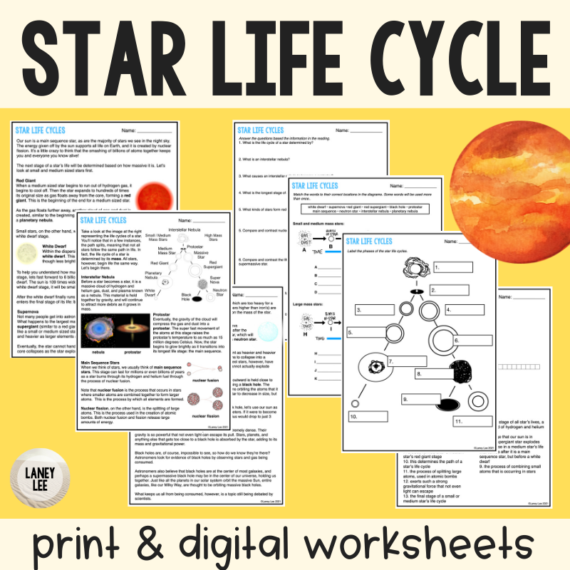 Star Life Cycles Reading Comprehension Worksheets Laney Lee 
