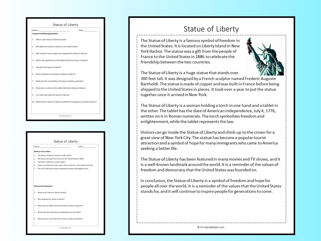 Statue Of Liberty Reading Comprehension Worksheet