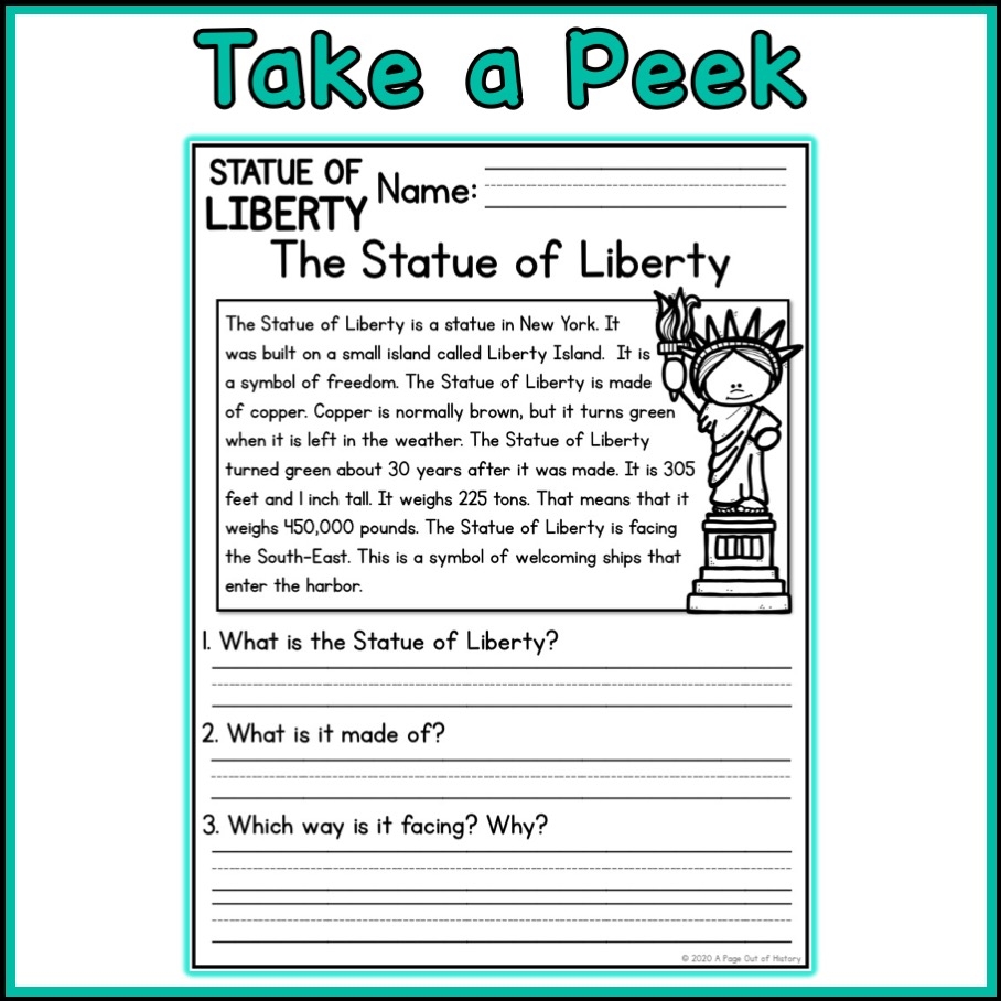Statue Of Liberty Social Studies Reading Comprehension Passages K 2