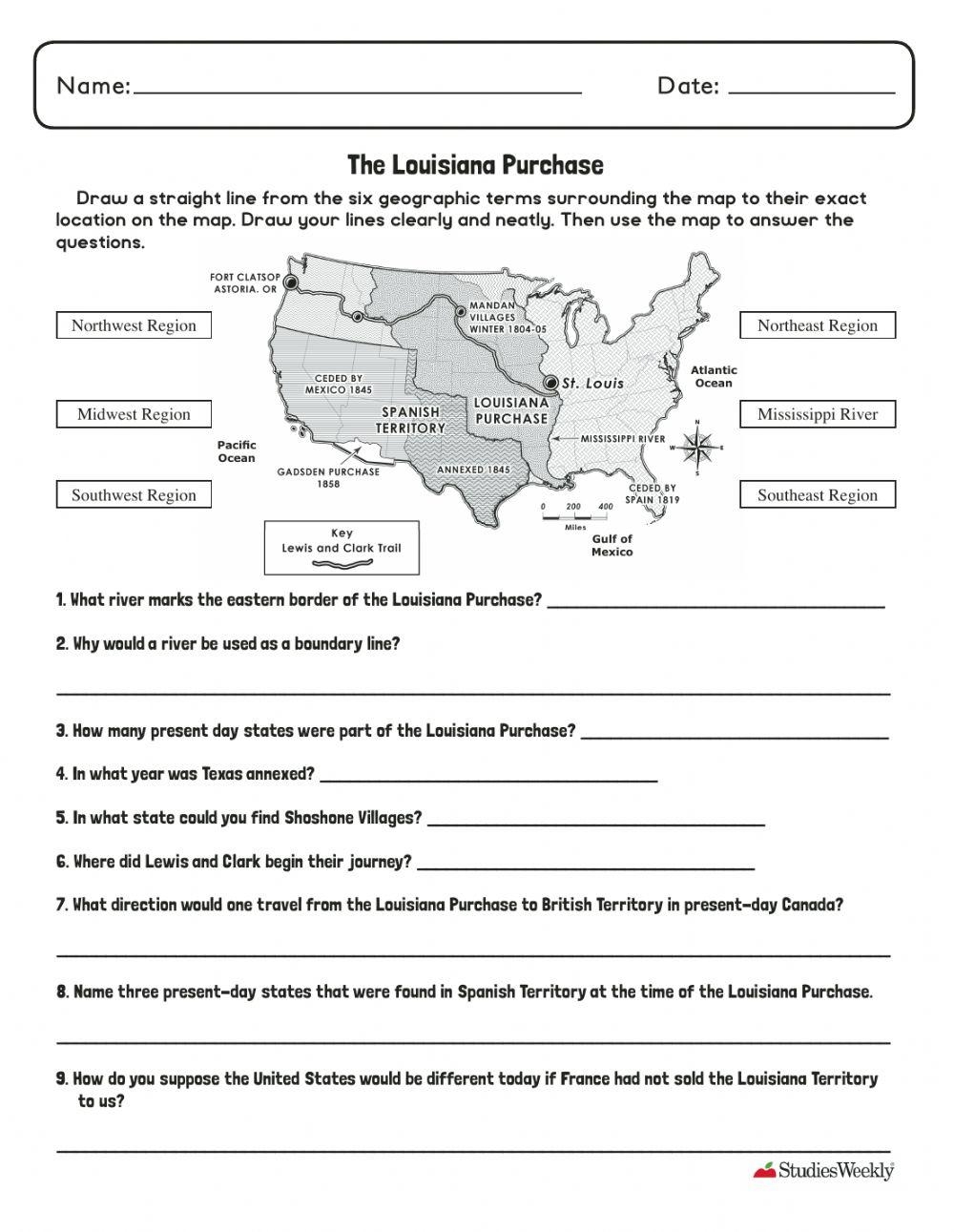Louisiana Purchase Reading Comprehension Worksheet