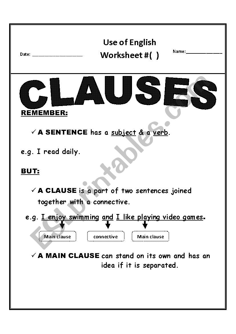 Subordinate Clauses Reading Comprehension Worksheets