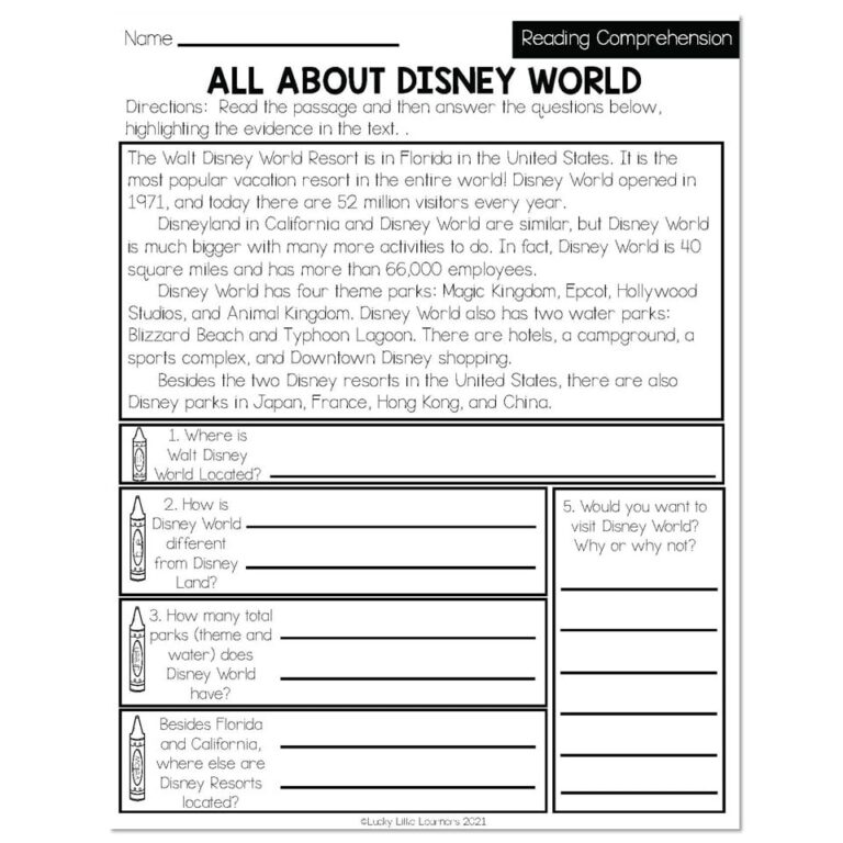 Summer Early Finishers 2nd Grade ELA Reading Comprehension All About Disney World Lucky Little Learners