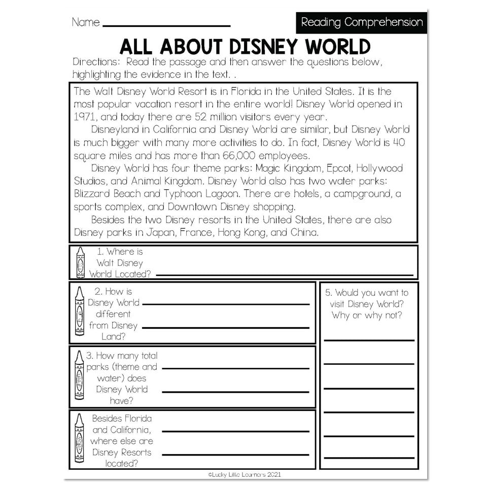 Walt Disney Reading Comprehension Worksheet Doc