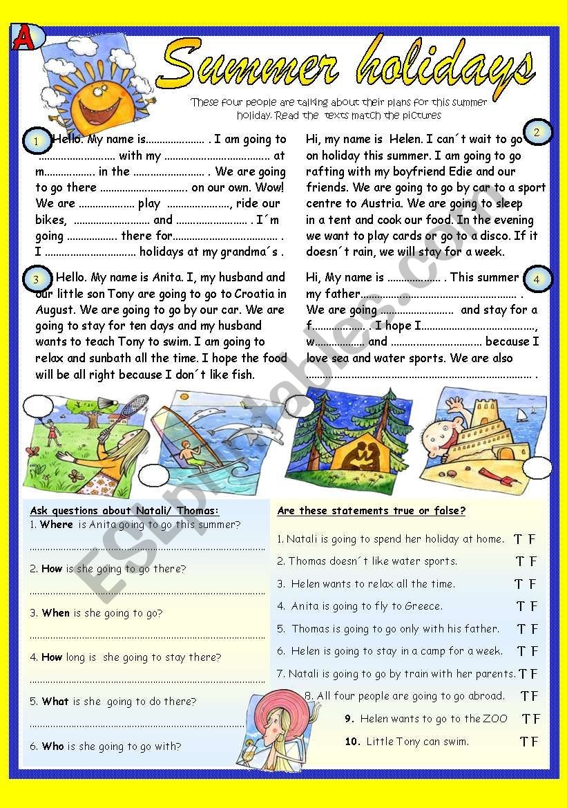 Summer Holidays Pair Work Reading BW Key ESL Worksheet By Jazuna