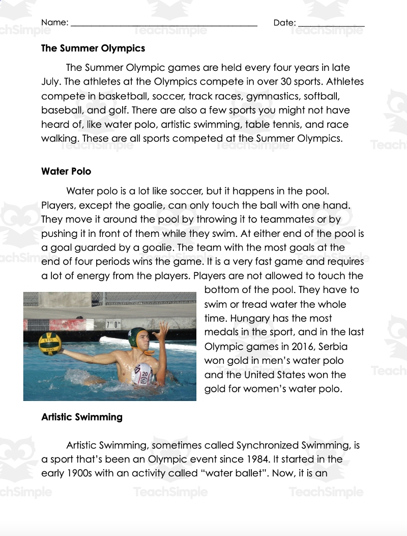 Summer Olympics Reading Passage And Questions 2nd 5th Grade Version By Teach Simple