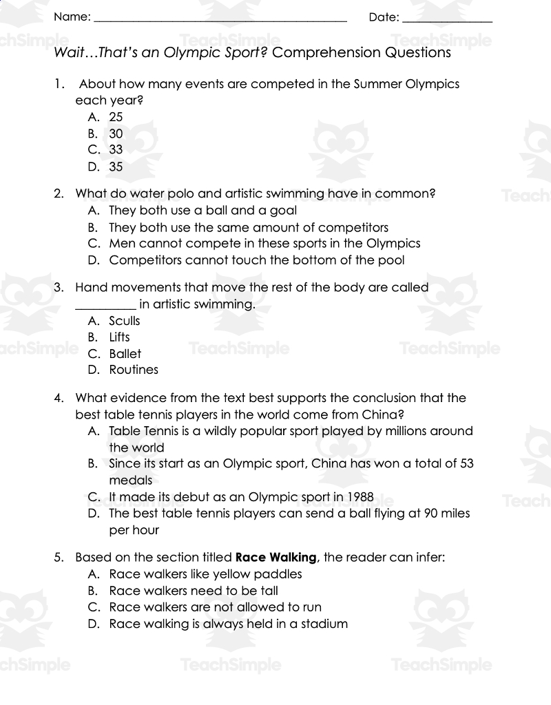 Summer Olympics Reading Passage And Questions 2nd 5th Grade Version