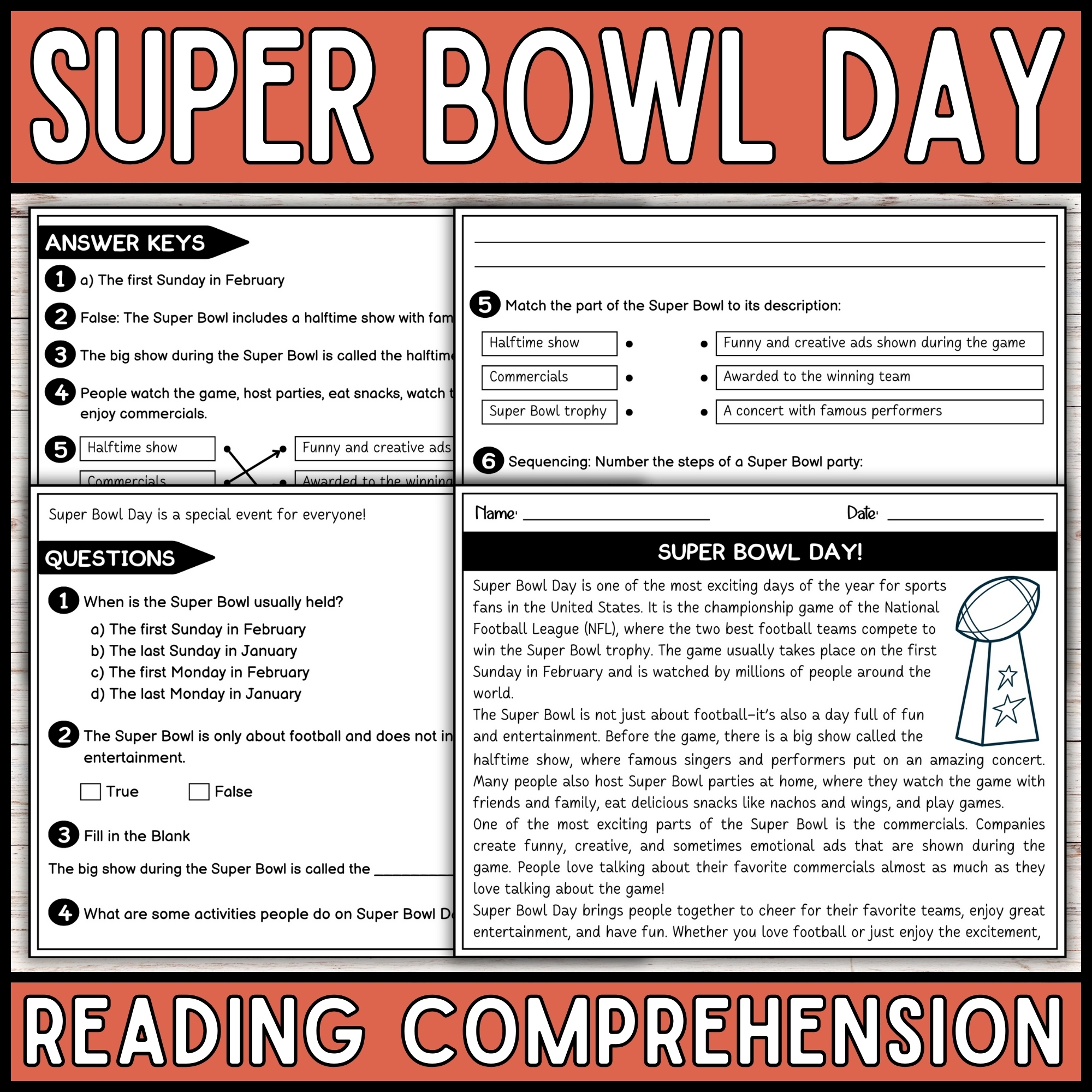 Super Bowl Day Reading Comprehension Passage U0026 Questions February Read Aloud Activities Made By Teachers