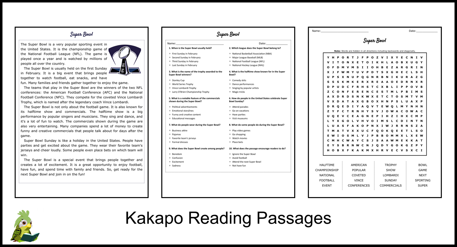 Super Bowl Reading Comprehension And Word Search Teaching Resources