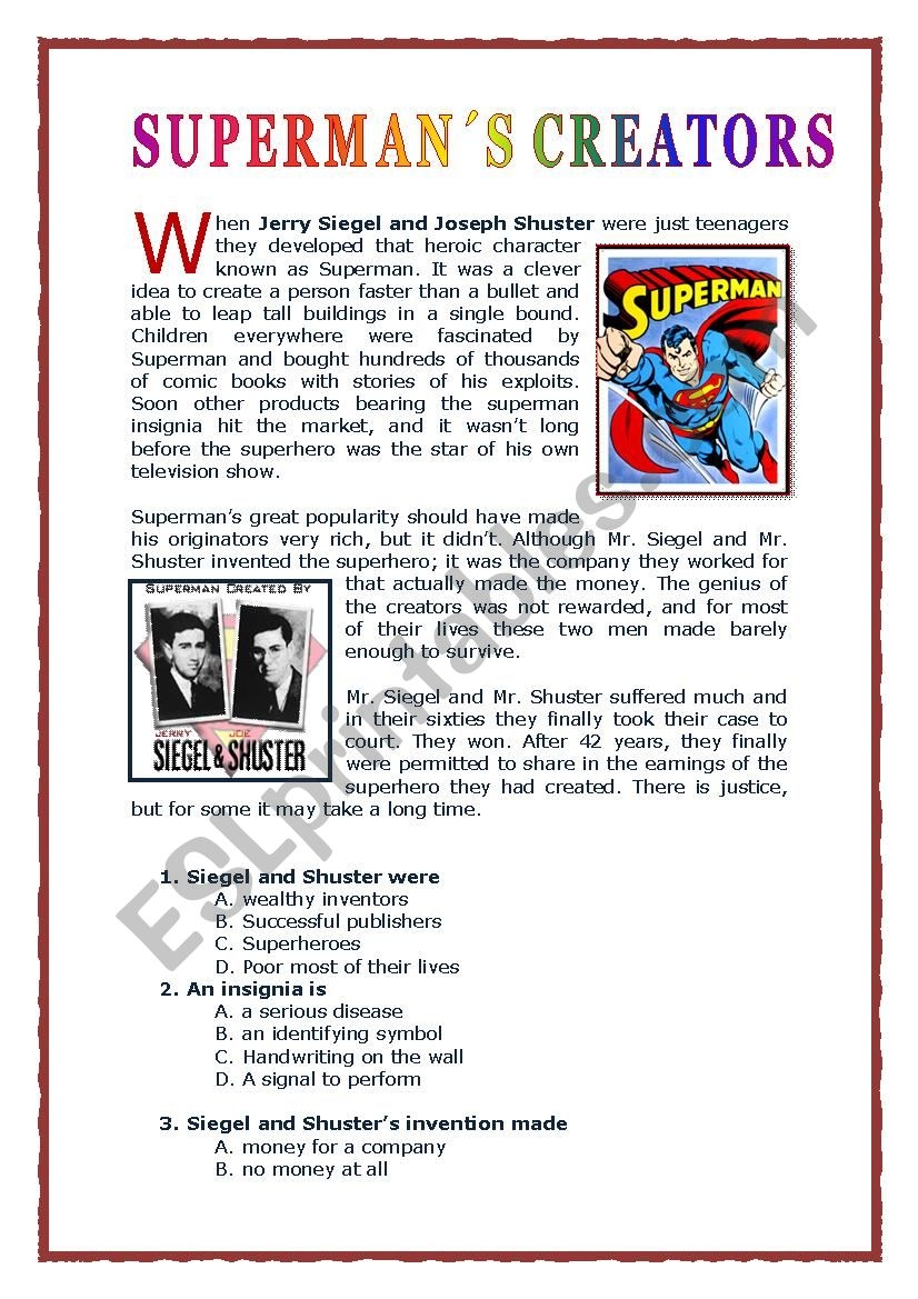 SUPERMAN CREATORS ESL Worksheet By Cirlato