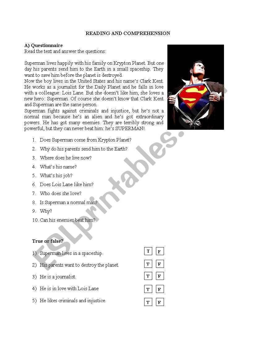 Superman Reading And Comprehension 1 ESL Worksheet By Inachis