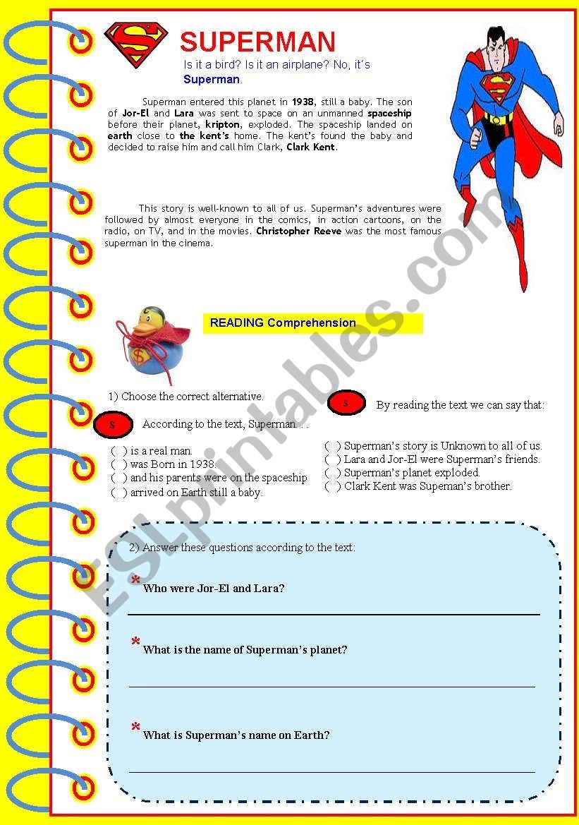 SUPERMAN Reading And Text Comprehension ESL Worksheet By Welch