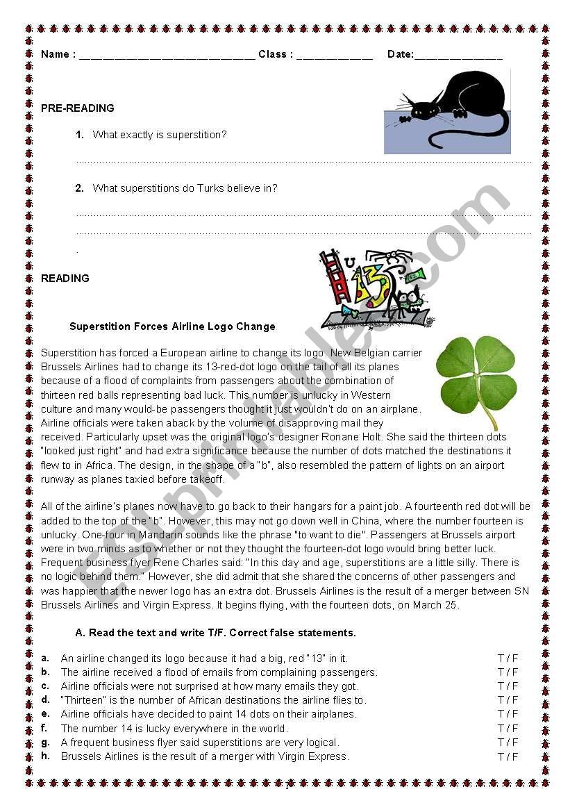 SUPERSTITIONS ESL Worksheet By Aydaayda