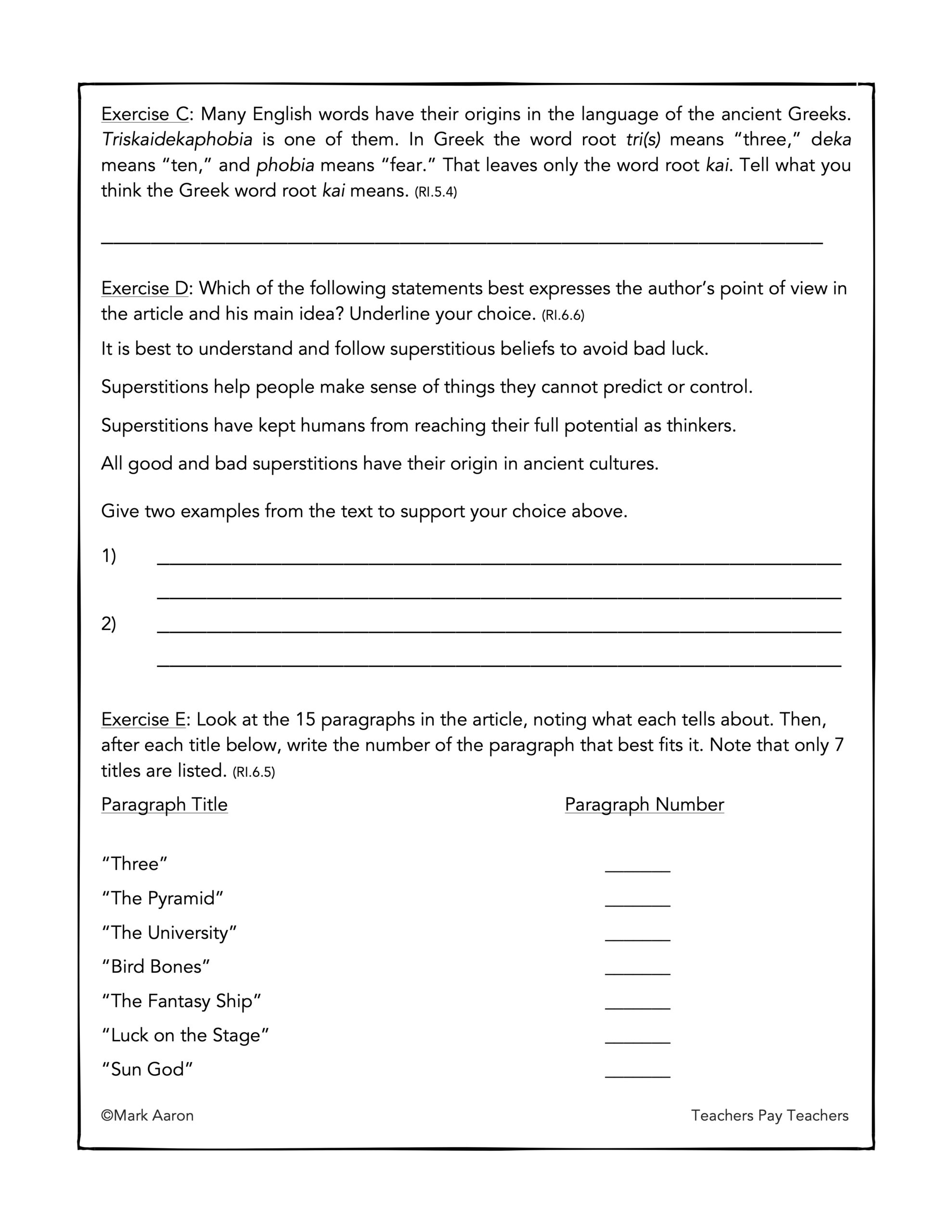 Superstitions Reading Comprehension Passage And Assessment Classful