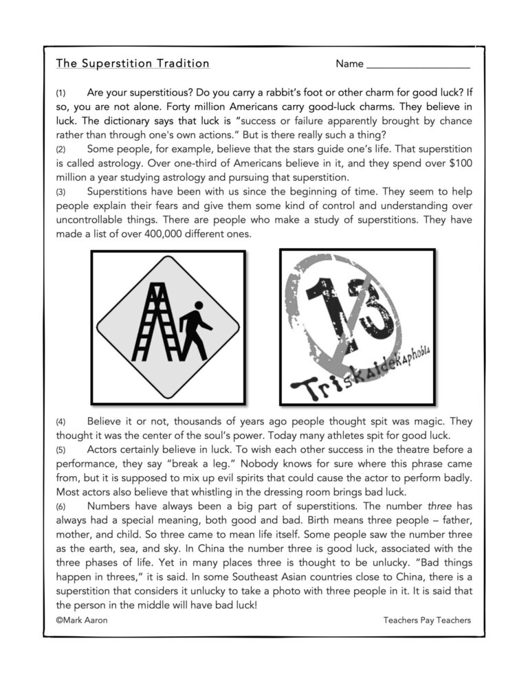Superstitions Reading Comprehension Passage And Assessment Classful