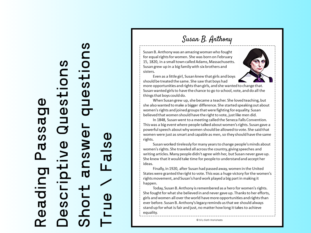 Susan B Anthony Biography Reading Comprehension Passage Printable Worksheet PDF Teaching Resources