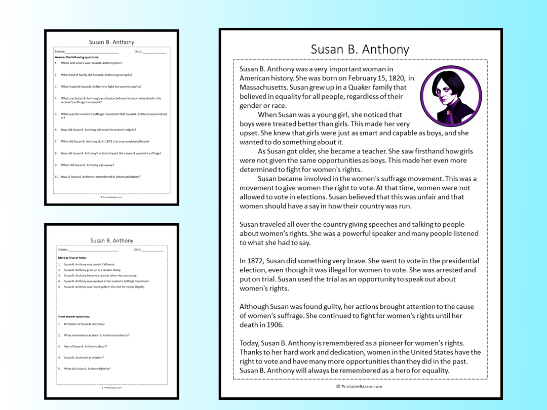 Susan B Anthony Reading Comprehension Passage Printable Worksheet Teaching Resources