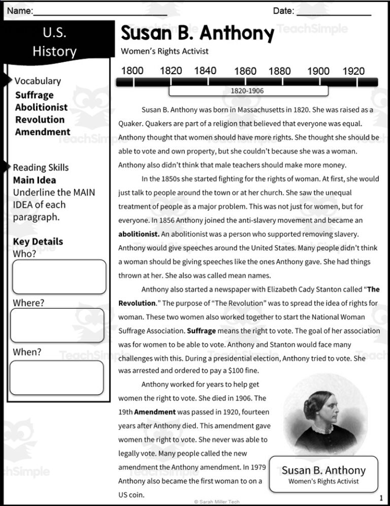 Susan B Anthony Reading Packet Worksheets Library
