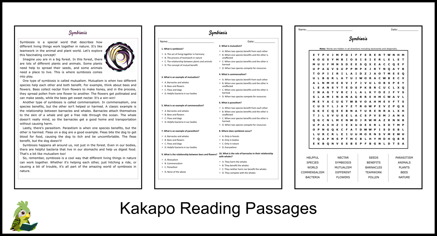 Symbiosis Reading Comprehension And Word Search Teaching Resources