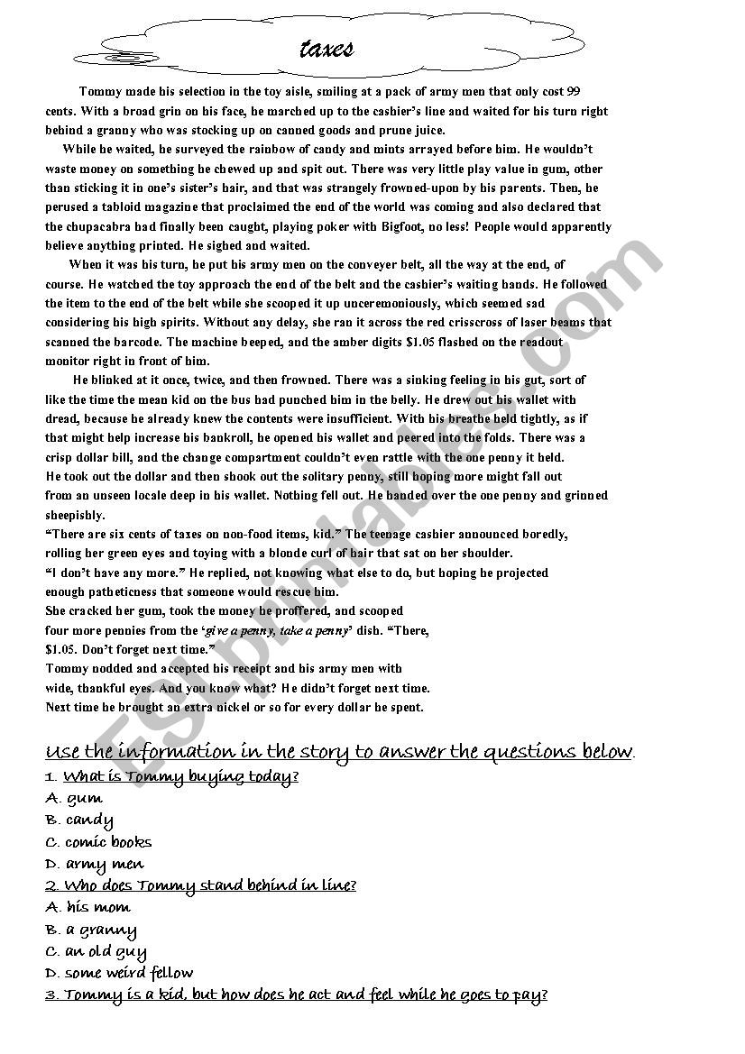 Reading Comprehension Worksheet On Taxes