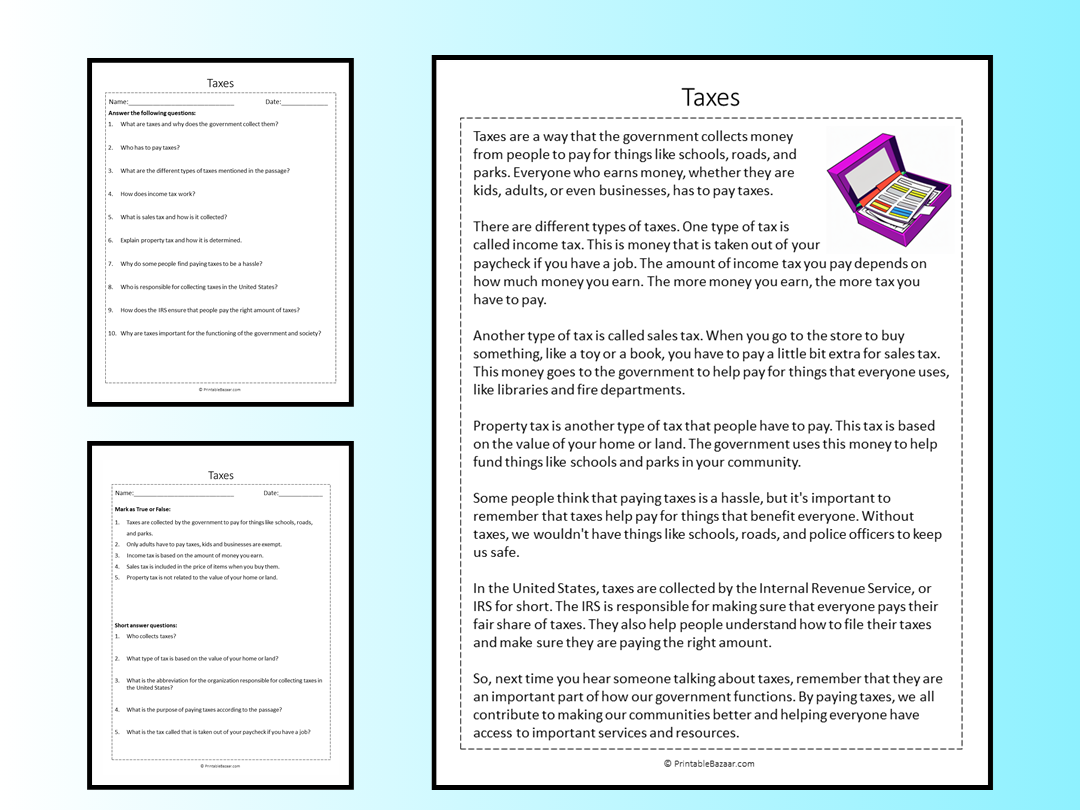 Taxes Reading Comprehension Passage Printable Worksheet Teaching Resources