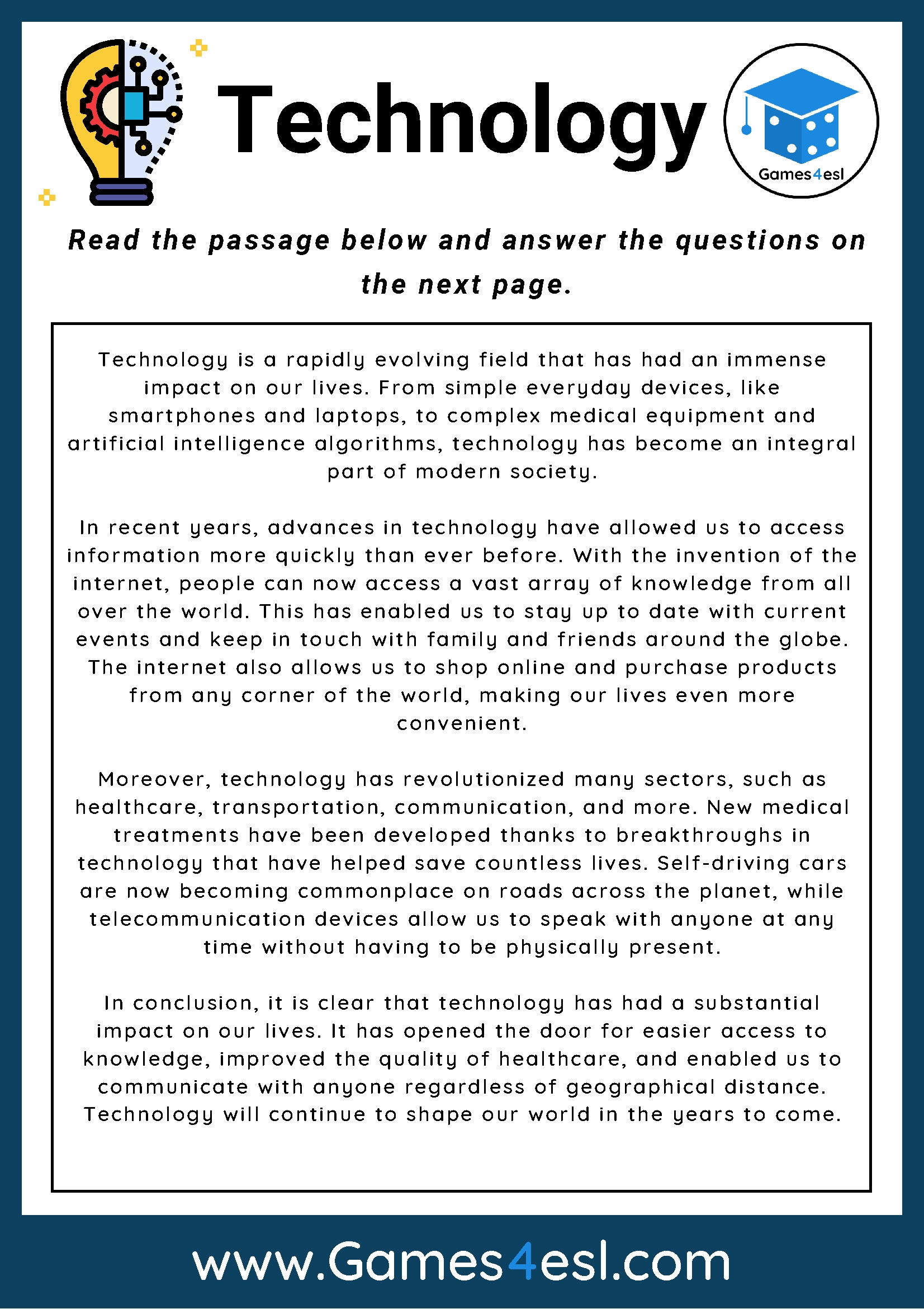 Technology Reading Comprehension Worksheet Games4esl