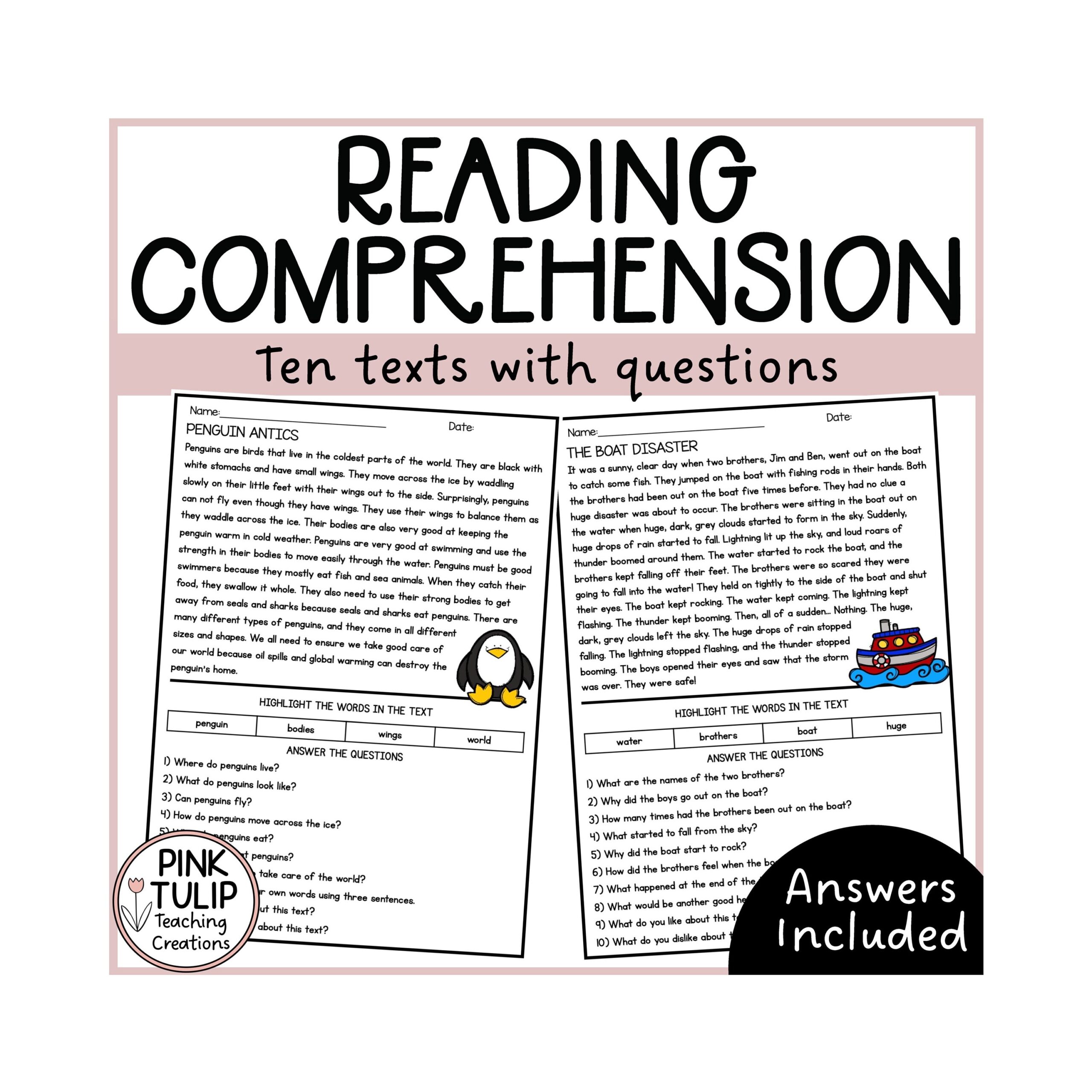 Ten Page Reading Comprehension Worksheet Pack Etsy UK