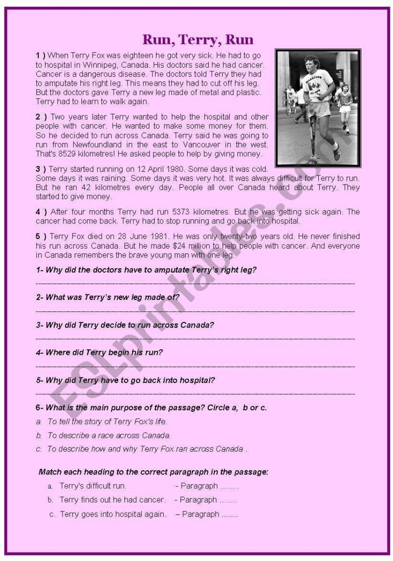 Terry Fox Life Story Reading Comprehension ESL Worksheet By Profy2007