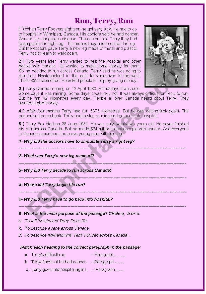 Terry Fox Life Story Reading Comprehension ESL Worksheet By Profy2007