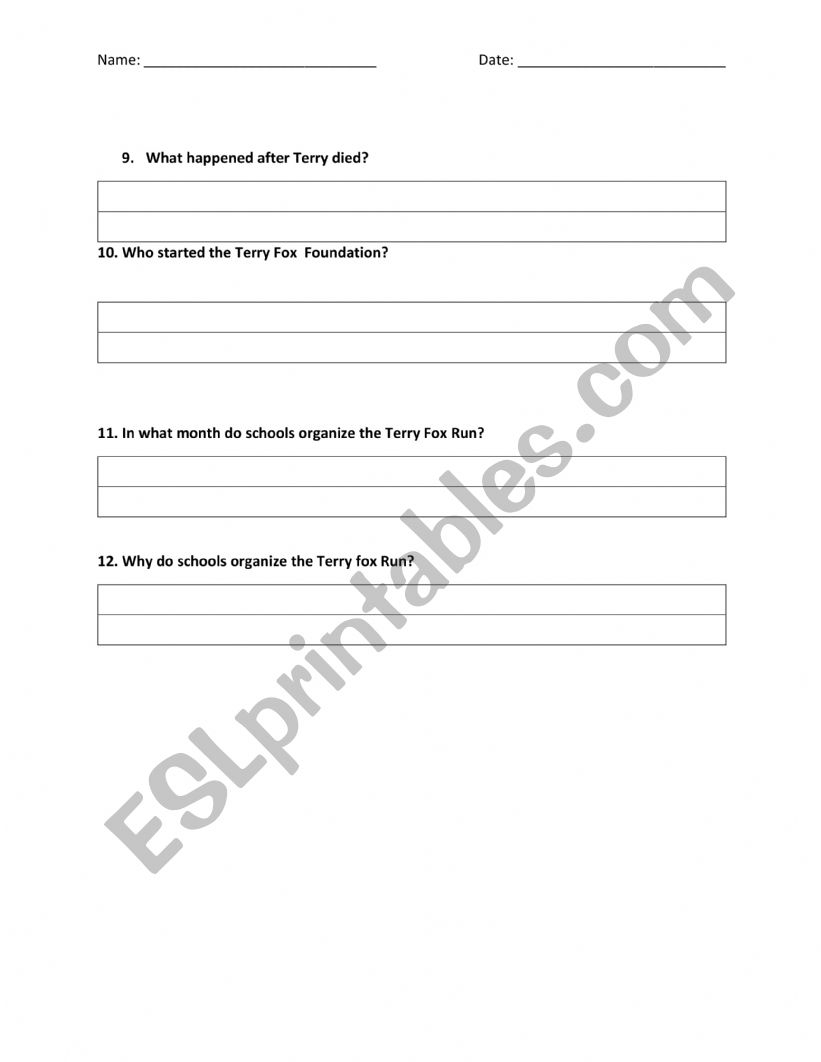 Terry Fox Reading Comprehension Quiz ESL Worksheet By Acengel