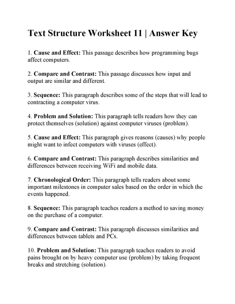 Text Structure Worksheet 11 Answers