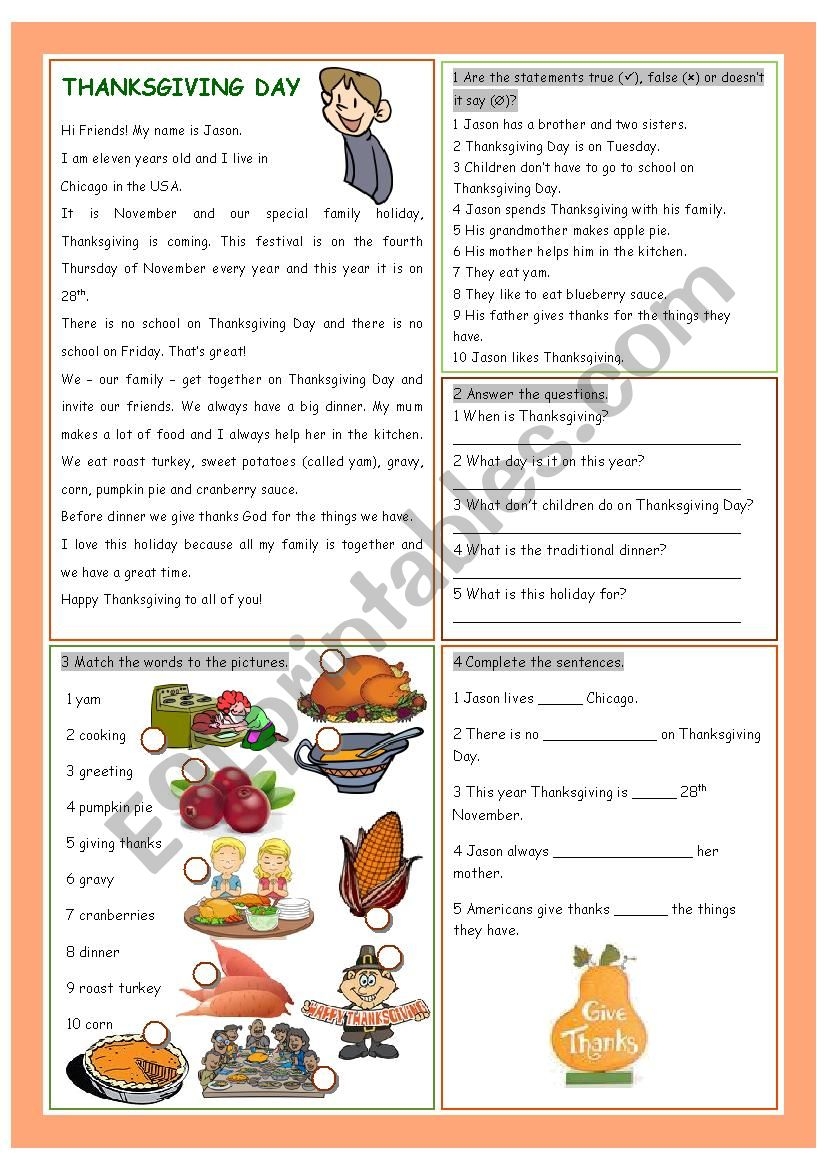Thanksgiving Day Reading Comprehension ESL Worksheet By Kissnetothedit