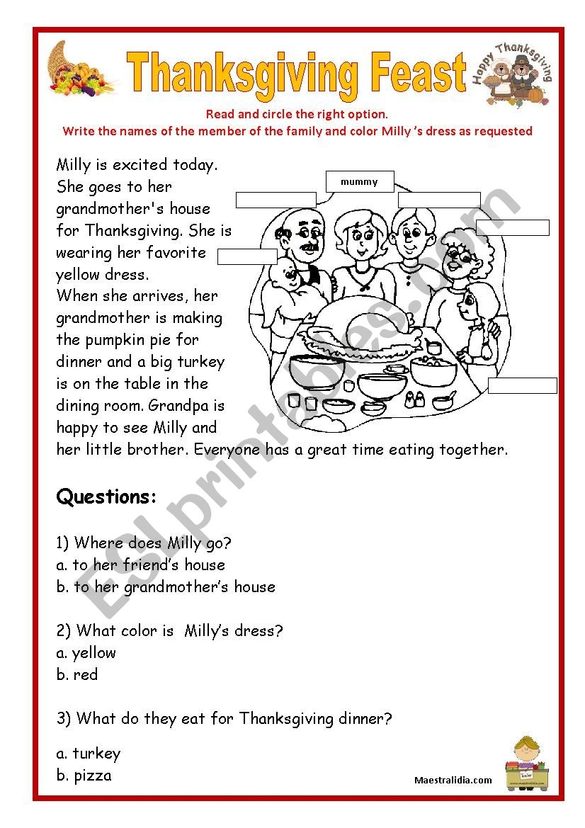 Thanksgiving Reading And Comprehension ESL Worksheet By Maestralidia