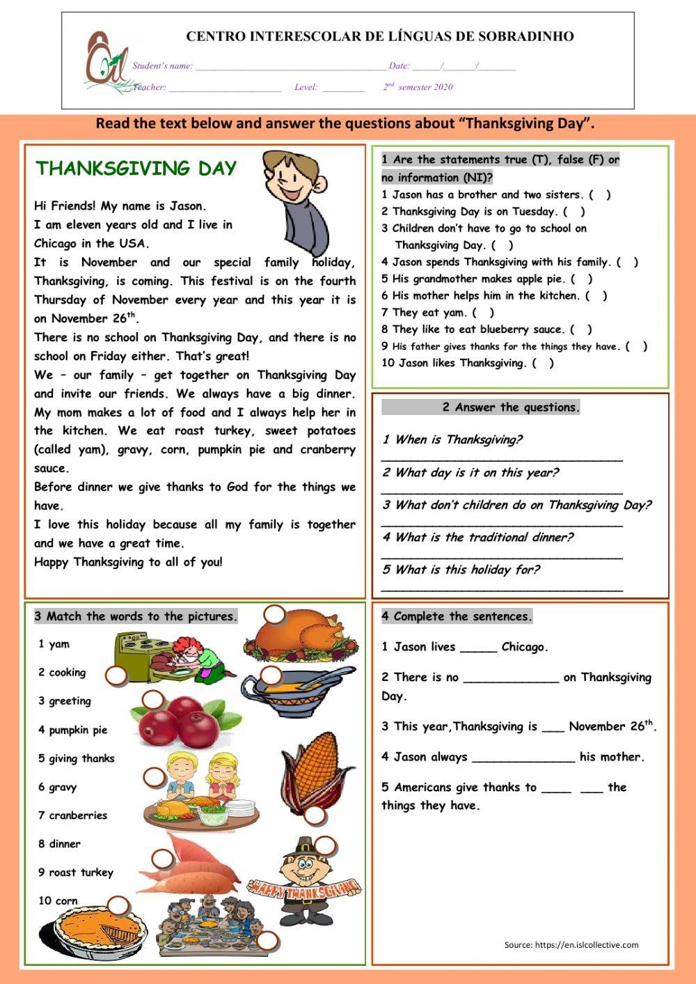 THANKSGIVING READING COMPREHENSION 1 Online Exercise For Live Worksheets Library