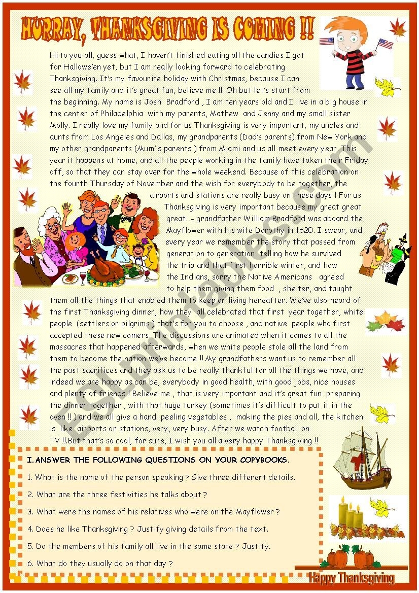Thanksgiving Reading Comprehension Worksheets Elementary