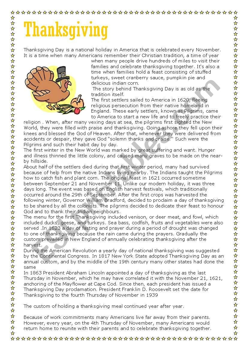 Thanksgiving Reading Comprehension Part 1 Of 3 text ESL 
