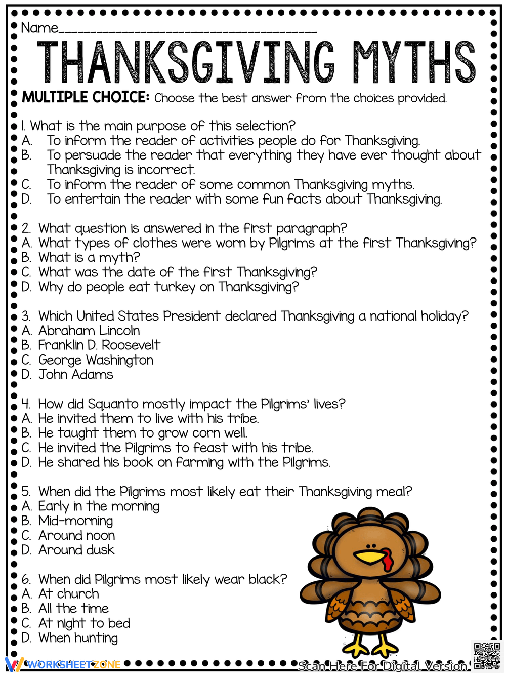 Thanksgiving Reading Comprehension Worksheets Multiple Choice