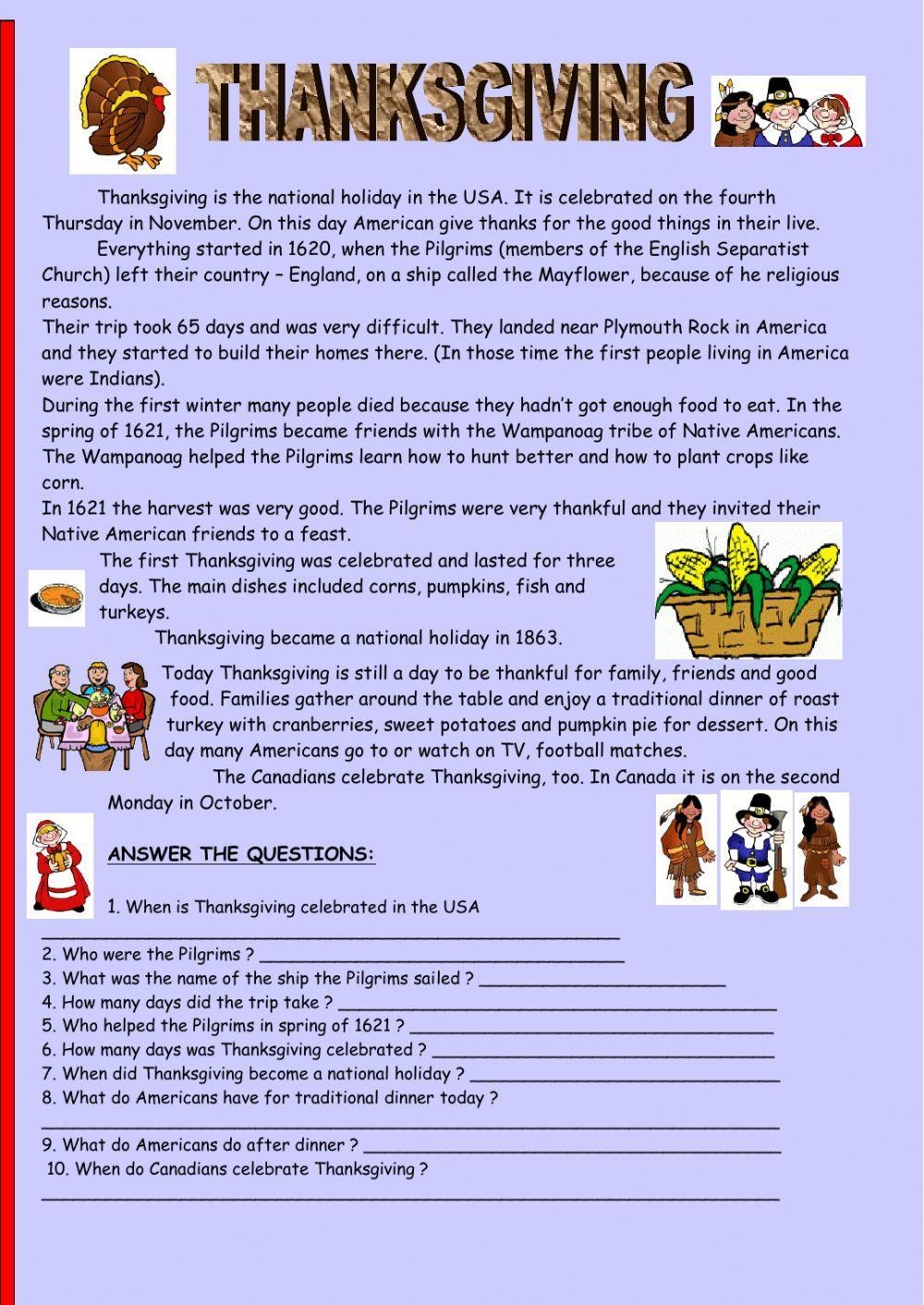 Thanksgiving Reading Comprehension Worksheet Live Worksheets 